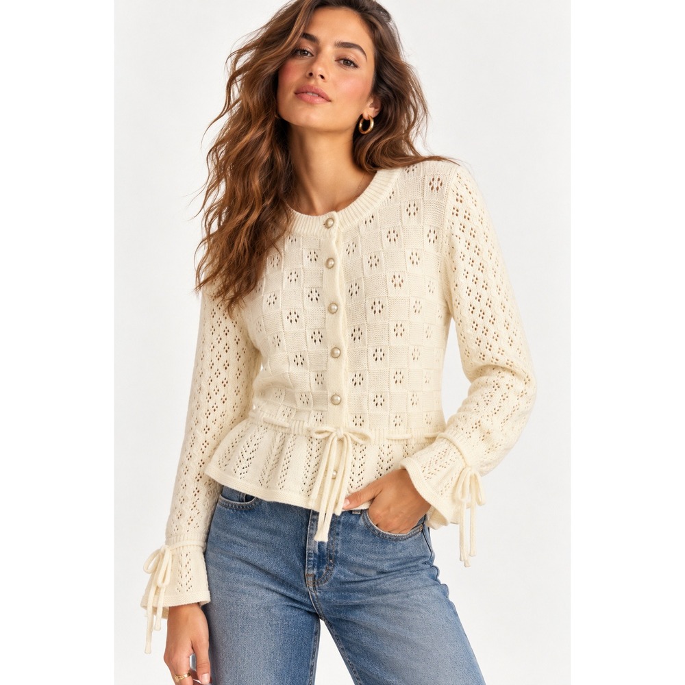 Market & Spruce Clover Pointelle Crewneck Cardigan Off-White L NEW